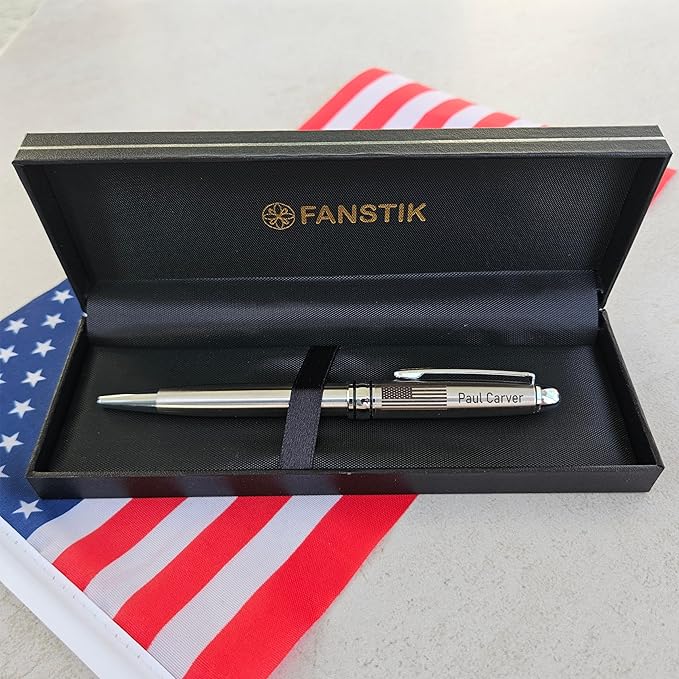 FANSTIK Customized BallPoint pen with name and US Flag (MADE IN USA), stainless steel, silver, luxury engraved pen personalized for men and for women. (BallPoint US-Flag)