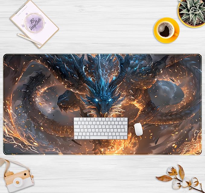 Cute Anime Dragon Desk Mat Kawaii Mouse Pad Gaming XXL Large Extended Desk Matt for Desktop with Stitched Edges, Laptop Computer Keyboard Mouse Mat for Women Office Decor Accessories 31.5''x15.7''