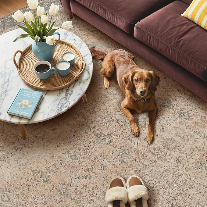 GENIMO 8x10 Area Rugs for Living Room, Machine Washable Non Slip Vintage Rugs, Low Pile Lightweight Chenille Print Rug for Bedroom, Dining Room, Home Office, Oatmeal Beige