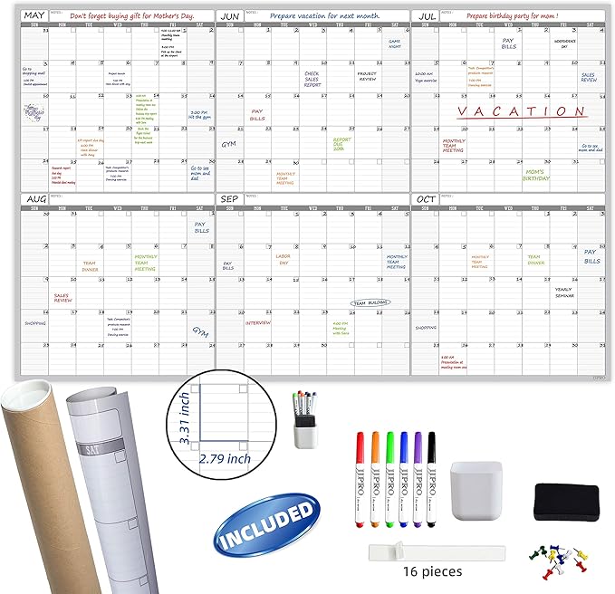 Large Dry Erase Wall Calendar - 60“ x 38" Undated Blank 6 Month Calendar - Giant Whiteboard 6 Month Poster - Premium Laminated Undated Planner for Classroom, Office, Project & Family Schedule