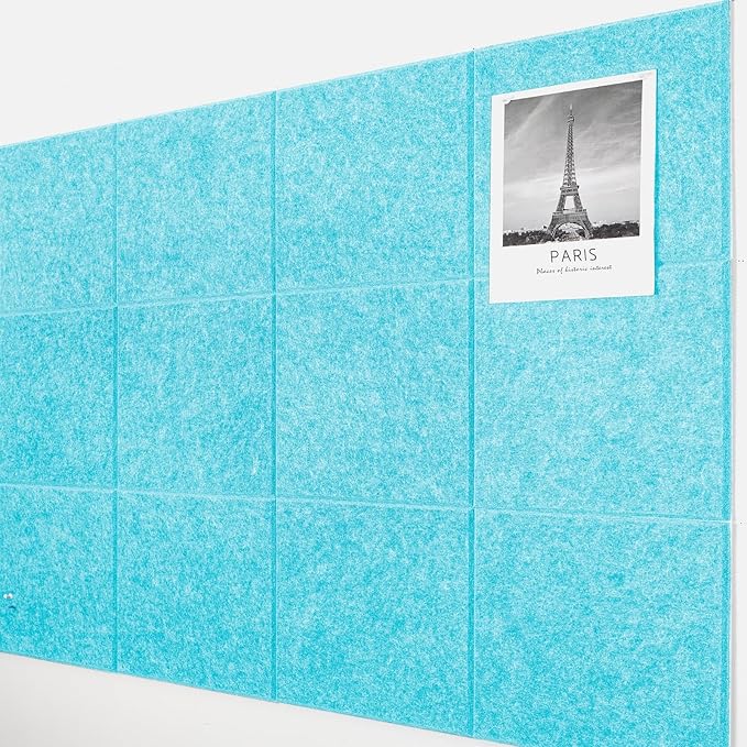 AKTOP Cork Board Bulletin Board 47"x35", 12 Pack Removable Felt Cork Board Tiles for Wall, Large Corkboard Notice Pin Board for Office, School & Home, 48 Safe Adhesive Tabs, 20 Push Pins, Baby Blue