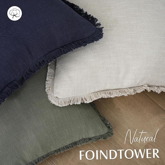 Foindtower Set of 2 Decorative Linen Fringe Throw Pillow Covers Cozy Farmhouse Boho Cushion Cover with Tassels Soft Accent Pillowcase for Couch Sofa Bed Living Room Home Decor 20×20 Inch Beige