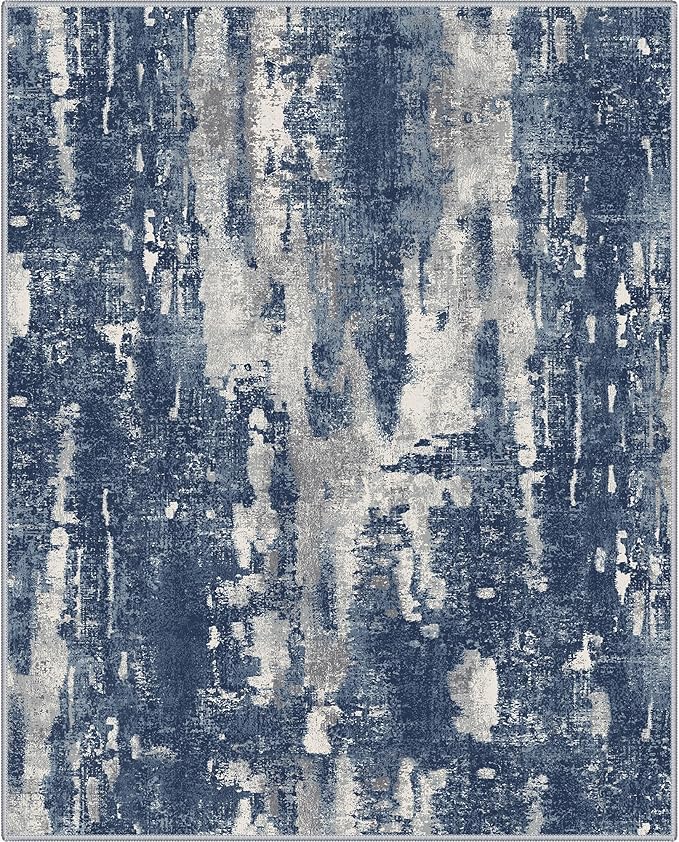 GENIMO 8x10 Area Rugs for Living Room, Machine Washable Non Slip Rugs, Low Pile Lightweight Vintage Print Rug for Bedroom, Dining Room, Home Office, Distressed Blue/Grey