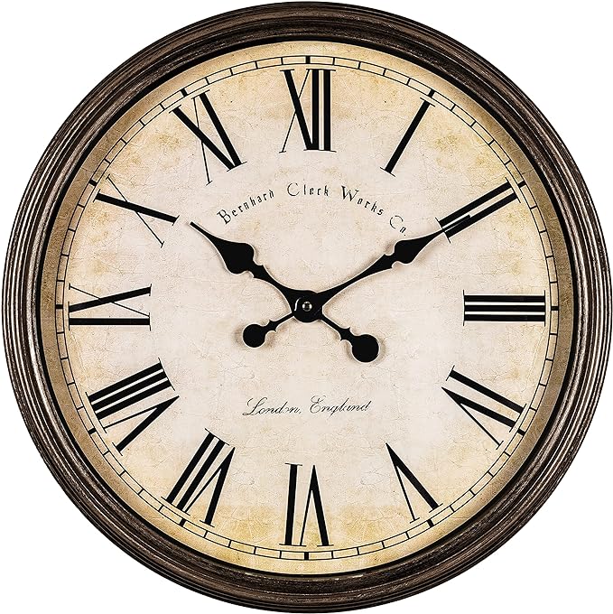 Bernhard Products Large Decorative Wall Clock 20 Inch Silent Non Ticking Battery Operated Quartz Vintage Stylish with Rustic Dark Brown Rim for Home Living/Dining Room Kitchen & Over Fireplace