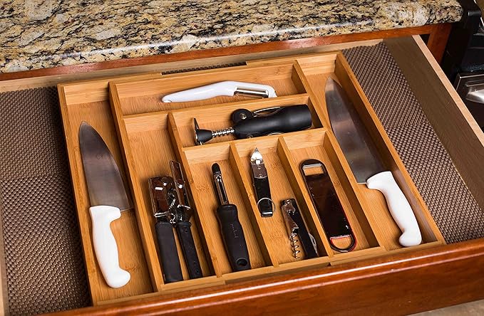BIRDROCK HOME Bamboo Expandable Utility Drawer Organizer – Utensil Silverware – Spoon Knife Fork – 17.5 Inch – Large – Natural Wood – Tray – Adjustable Kitchen Organization