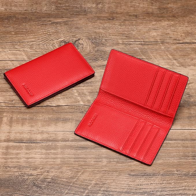 Slim Leather Credit Card Holder for Men & Women 8cc, Italian Calfskin (Pebbled Red)